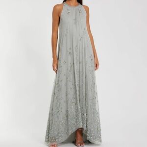 Mac Duggal Sage Green High Neck Floral Embellished Mesh Trapeze Gown